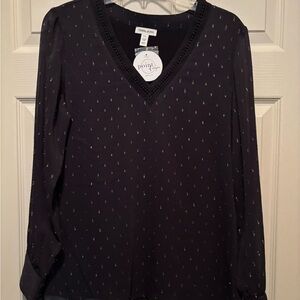 *NWT* Tribal Jeans Navy V-Neck Blouse with Subtle Gold Pattern